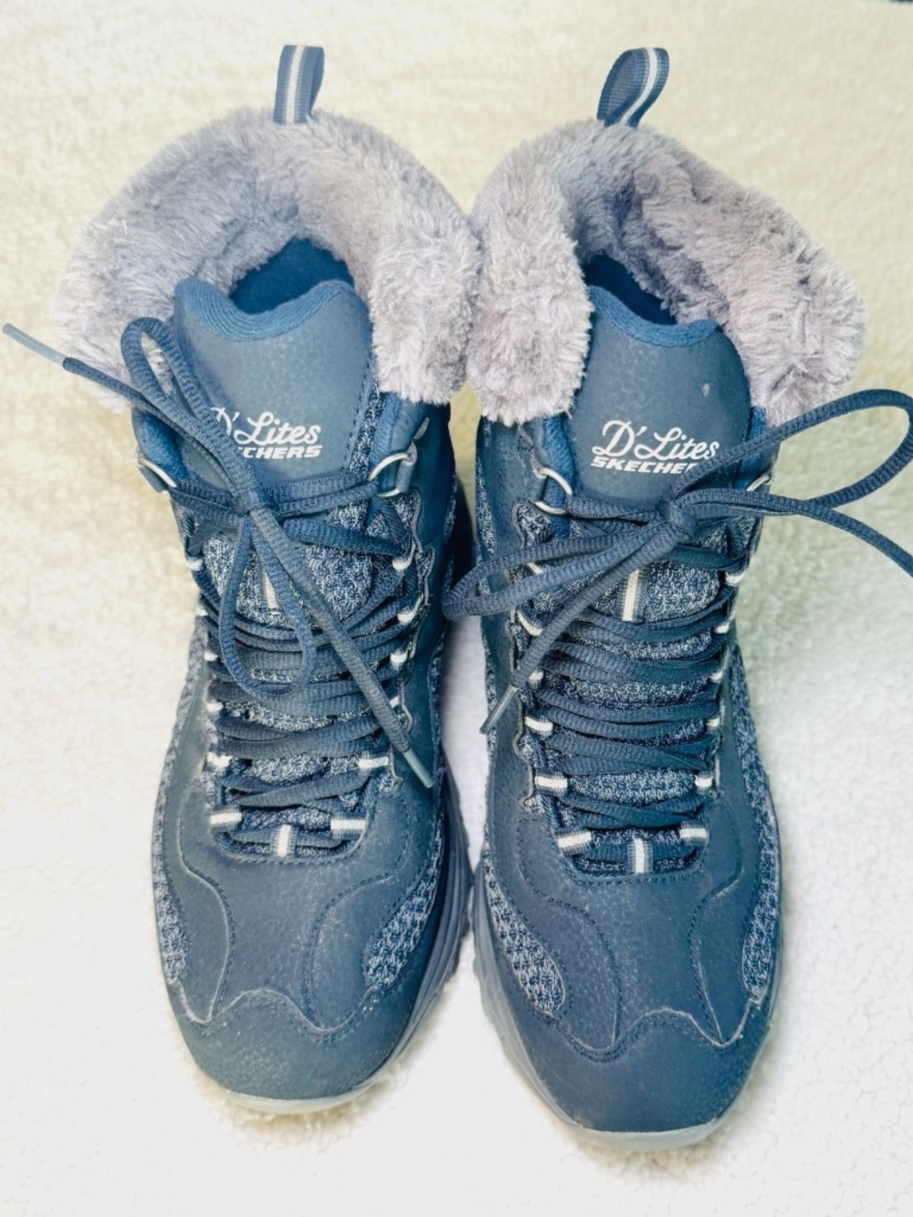 Skechers D’Lites Ski Boots Women's 9 Bomb Cyclone Warm Blue Gray Faux Fur Lined
